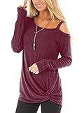 Beluring Damen Longshirt Langarm Bluse Schulterfreies Oberteile Weinrot M