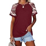 Masrin Damen Tops Sommer Kurzarm T-Shirt Lässige Kontrastfarbe Patchwork Shirts 3D Camouflage Print Pullover O-Ausschnitt Lose Tunika Basic All-Match Bluse (L,Wein)