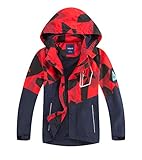 LAUSONS Kinder Gefütterte Regenjacke Jungen Camouflage Wasserdicht Jacke Leichte Übergangsjacke mit Abziehbar Kapuze Rot DE: 104-110 (Herstellergröße 110)