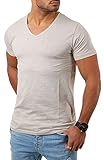Young & Rich Herren Basic T-Shirt mit tiefem V-Ausschnitt deep v-Neck Vintage Look körperbetonte Passform YR-120, Grösse:XL, Farbe:Beig