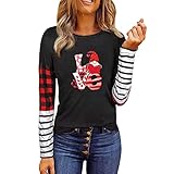 Xmiral Damen Valentinstag Langarmshirt Streifen & Karierte Ärmel Oberteil Mit Herzdruck, Slim Fit Rundhals Basic Shirt(02 Rosa,S)
