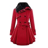 Freenfitmall Vintage Solid Overcoat Winter Mode Plüsch Umlegegurt Zweireiher Gürtel Warm Damen Mantel Langarm Casual Lose Jacke, rot, XXL