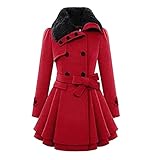 Freenfitmall Vintage Solid Overcoat Winter Mode Plüsch Umlegegurt Zweireiher Gürtel Warm Damen Mantel Langarm Casual Lose Jacke, rot, XXL