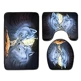 Badezimmerteppich Set 3 Teiliges rutschfest Badematte Set Weißer Anime-Wolf Badgarnitur rutschfest Badezimmer Weich Badvorleger Sets Badteppich U-Förmige Konturmatte WC-Vorleg