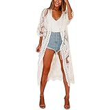 Amphia - Damen Sommer Spitzen Bluse Tops Strand Badeanzug Bedecken Pareos Kimono Cardigan Strandkleid, Weiß, Einheitsgröß