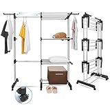 Johgee 2 in 1 Wäscheständer turm, ausziehbar Länge 66-130 cm, mit 6 faltbaren Flügeln auf 3 Ebenen, klappbarer Waschestander für große F