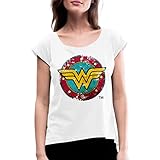 Spreadshirt DC Comics Wonder Woman Logo Used Look Frauen T-Shirt mit gerollten Ärmeln, L, Weiß