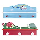 Kinderzimmer 2X Kindergarderobe mit 3 Haken und 1 Fächer für Kinderzimmer Wandregal Wandgarderobe Kinder Garderobenhaken Wandhaken Kleiderhaken Schildkröte und Igel/Hubschrauber (Blau+Rot)