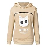 YEBIRAL Damen Übergröße Pullover Kapuzenpullover Katze Sweatshirt Hoodie Katzenpulli Tops Beutel Langarm Herbst Winter Pulli mit Katzen Hund Großen Känguru Tasche (T- Beige, S)