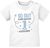 MoonWorks® Baby T-Shirt 1. Geburtstag Spruch so gut kann Man mit 1 BZW 2 Aussehen Geburtstagsshirt Kurzarm Bio-Baumwolle 1 weiß/blau 80/86 (10-15 Monate)