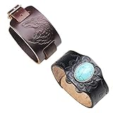 crintiff Lederarmband, mit Wolfskopf und Türkis, größenverstellbar, angenehm zu tragen, Unisex, 2 Stück - 1 Marron / 1 N