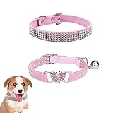 2 Stuck Strass Hundehalsband, Bling Glitzernd Leder Katzenhalsband und Verstellbarer Kragen aus Weichem Samt mit Strasssteinen Diamant Halsband Haustier für Kleine Hunde Katzen Hundedekor (Pink)