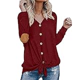 BAOBU Damen Langarm Button Down Shirts Blusen Casual Roll Up Sleeve Top Damen Casual Chiffon V-Ausschnitt Langarm Button Down Bluse Einfarbige Shirts Top Damen Button Langarm T-S