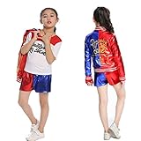 Amycute Quinn Cosplay Kostüme für Erwachsene Kinder, Mädchen Bösewicht Suicide Kostüm Kit enthalten Jacke, T-Shirt, Shorts und Handschuh für Halloween Karneval Cosplay (140)