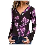 Damen Oversized V-Ausschnitt Langarm-T-Shirt Schmetterlingsdruck Knopfblusenoberteile Shirts Tops -T-Shirt Schmetterlingsdruck Knopfblusenoberteile Crop Tops Oberteile Tunik