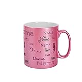 Herz & Heim® Namenstasse mit eigenem Namen in verschiedenen Schriftarten im Rosa Metallic Look