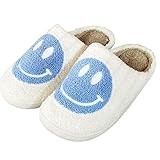 GQFGYYL Hausschuhe mit Smiley-Gesicht, Winter Damen Plüsch-Hausschuhe, Hausschuhe für Damen, Drinnen und Draußen, Herren, Flauschig, Niedliches Smiley-Gesicht,White Blue,41/42 EU