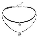 Daesar Damen Choker Halskette Halsband Seil Leder 2 Runde Zirkonia Halsband Halskette Silber Schwarz Kette 34.5CM (+6.5cm Verlängern)