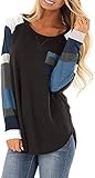 Sudetoil Langarmshirt Sport Sweatshirt Oberteile Damen Langarm Elegant Rundhals Gestreift Pullover Frauen Casual Patchwork Tops (A-Schwarz,M)