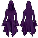 Mymyguoe Halloween Kostüm Damen Kurzarm Vintage Kleider mit Kapuze Mittelalter Kleidung Prinzessin Kleid Abendkleider Lang 80er J