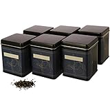 | 6 x Klassische eckige Teedose/Vorratsdose, stapelbar, inkl. 6 Etiketten zum beschriften | aromadicht aus Metall für je 180 g | 9.8 x 7.6 x 7.6 cm (H,B,T) | auch ideal als Mehl-, Reis- oder Kek