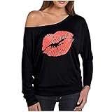 jikolililili Schulterfreies Oberteil für Damen, langärmelig, sexy, lässig, Lippen-Grafik, niedlich, weich, Cmofy Shirts Bluse, rot, S