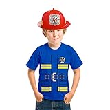 Faschings Feuerwehrmann Kinder Kostüm - T-Shirt + Roter Feuerwehr Helm Shirt Blau 152