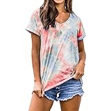 Damenmode Farbverlauf Kurzarm T-Shirt Klassischer V-Ausschnitt Lässige Bluse Lose Allgleiches Street Style T-Shirt L