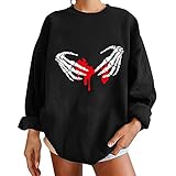 Masrin Sweatshirt Damen Herbst Winter Warmer Fleece Pullover Halloween Gothic Skelett Druck Oberteile Vintage Langarmhemden Übergroße lockere Bluse Sportbekleidung S