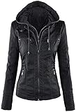 Seamido Lederjacke Damen Herbst Winter Motorrad Jacke Bomberjacke Bikerjacke mit Reißverschluss Kapuzen Übergangsjack