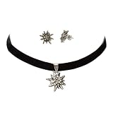 Schmuckset Trachtenkette Samt & Edelweiß-Ohrstecker - Damen Samt-Kropfband und Ohrringe, Kropfkette elastisch und Trachtenohrringe für Trachtenbluse, Dirndlkette enganliegend, Oktoberfest (schwarz)