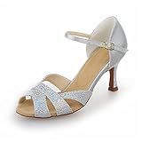 JIA JIA Y2054 Damen Sandalen Ausgestelltes Heel Super-Satin mit Pailletten Latein Tanzschuhe Silber, 40