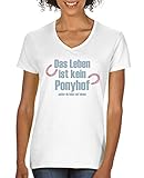 Comedy Shirts - Das Leben ist kein Ponyhof - Damen V-Neck T-Shirt - Weiss/Eisblau-Rosa Gr. XL