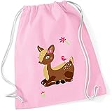 Stoffbeutel für Mädchen | Motiv REH & Vogel mit Blumen | Beutel zum Zuziehen für Kindergarten & Kita | Turnbeutel mit Kordel in rosa pink grau (rosa)
