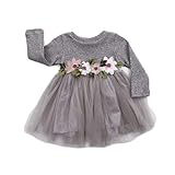 Zukmuk Mädchenkleider Langarm Mädchenkleid Kinder Kleid Mädchen Hochzeit Prinzessin Kleid Mädchen Taufkleid Baby Mädchen Kleid Langarm (90, Grau A)