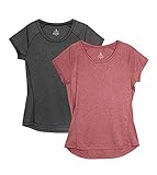 icyzone Damen Fitness Sport T-Shirt Kurzarm Laufshirt Gym Training Funktion Shirt, 2er-Pack (S, Schwarz/Weinrot)