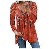 Damen Print Reißverschluss Lange Schulter Vintage The Off Gefieder Tops Ärmel Tunika zum Tragen mit Leggings fließende Damenblusen, Orange, 42