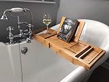 bathbü Luxus Badewannenablage aus 100% Bambus | Ausziehbare Arme (63-93cm), Buch-/Tablet-Halter, Weinglashalter, Zubehörablage, Telefonhalter und verschiebbare Ablage | Kompak