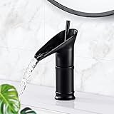 Solepearl Wasserfall Wasserhahn Bad, Matt-Schwarz Wasserhahn Waschbecken für Badezimmer aus Messing, Kurz Einhandmischer Waschtischarmaturen Kaltes und Heißes Wasser Vorhanden - Schw