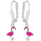 Clever Schmuck Silberne Mädchen Ohrringe als Ohrhänger 28 mm mit Mini Flamingo 10 mm pink Schnabel schwarz lackiert glänzend Sterling Silber 925 im E