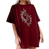 T-Shirt Damen Kurzarm, Shirts Damen Pullover Tops Monddruck Locker Süß Tunika Sommer Tshirt Kurzarm mädchen Elegant Oberteile Einfarbig Basic Shirt 2022 Mode Sweatshirt Bluse Sommer B