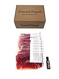 Jamon&Friends Packung mit 10 Päckchen vakuumverpacktem spanischem Serrano-Schinken in Scheiben + GRATIS Flasche natives Olivenöl extra 20 ml - 700 g (10 Päckchen zu je 70 g)