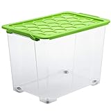 Rotho Evo Safe Keeping Aufbewahrungsbox 65l mit Deckel und Rädern, Kunststoff (lebensmittelecht) BPA-frei, transparent/grün, 65l (59,0 x 39,5 x 41,2 cm)