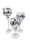Kleebau 3tlg. Glaskelch Windlicht Set Kelchen auf Fuß Kerzenhalter Kerzenständer Kerzenleuchter H40/35/30cm Laternen Dekorative für Haus Dekoration Geburtstag Geschenk Hochzeit Feier (Silber 2)