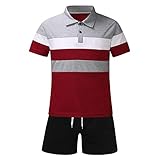IQYU Jogginganzug Herren Einfach Streifen Slim Fit Poloshirts Atmungsaktiv Sport Shorts Mit Kordelzug Atmungsaktiv Sportanzug Stretch Material Trainingsanzug Freizeitanzug Fitnessanzug