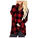 Kariert Pullover Damen Karo Langarmshirt Oberteile Basic T-Shirt Tops V-Ausschnitt Rundhals Knoten Verdrehen Solide Langarm Top