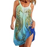 KGLHTYU Sommerkleid Damen Knielang Kleid Damen Elegant Freizeitkleid Damen Sexy Mode Mischfarbe Drucken Tank Kleid Ärmelloses Kleid mit Schulterfreien Strandkleid Partykleid Swing Kleid Minik