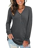 AUSELILY Damen Pullover Langarm V-Ausschnitt Knopf Tunika Oberteile Henley Blusen Kausales Lose T Shirts(Schwarzgrau,S)