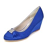 GIVROLDZ Damen Pumps Aus Satin Für Hochzeiten Keile Geschlossene Zehe Hochzeits Schuhe Für Die Braut Plissierter Satin Pumps,Blau,37