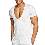 FengCheng Herren Uni T-Shirt mit extra tiefem V-Ausschnitt Slimfit deep V-Neck Stretch dehnbar Einfarbiges Basic Shirt-65% Baumwolle und 35% Elasthan (weiß,L)